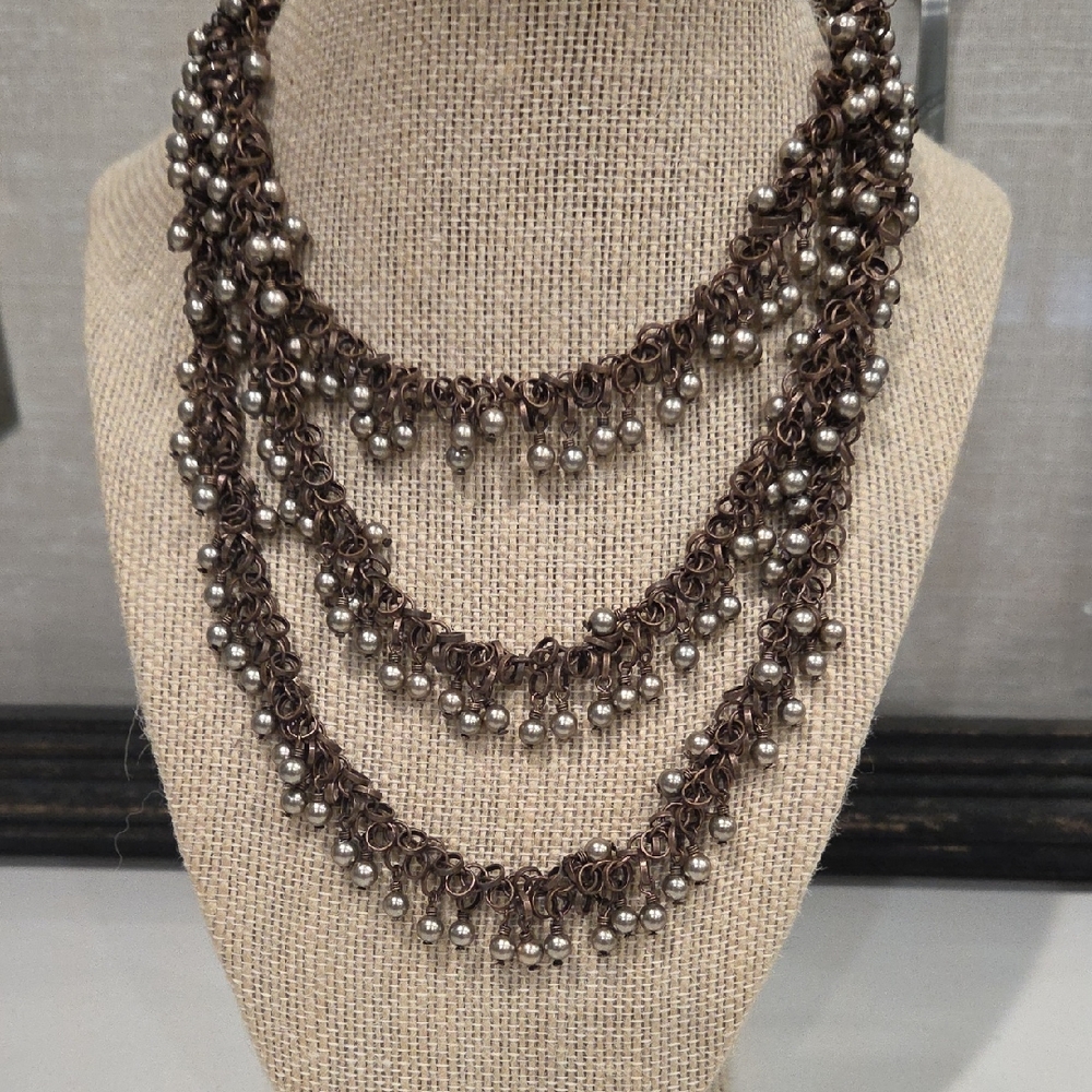 Chic Layered Pearl Necklace in Brown and Silver